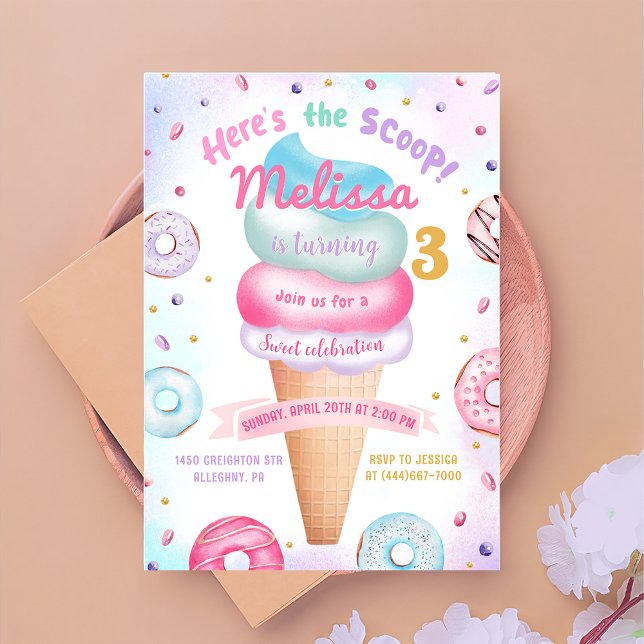  Ice Cream Doughnut Here's the Scoop Birthday Invitation (Creator Uploaded)