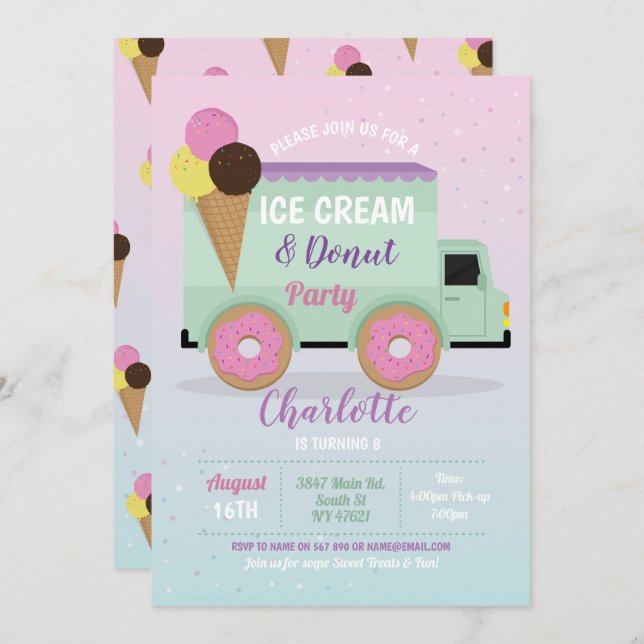 Ice Cream Doughnut Party Birthday Girls Doughnuts Invitation (Front/Back)
