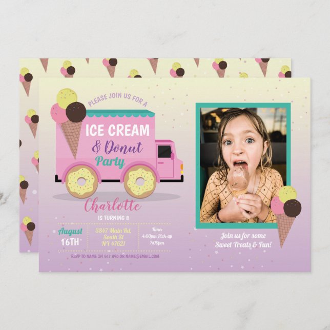 Ice Cream Doughnut Party Birthday Photo Doughnuts Invitation (Front/Back)