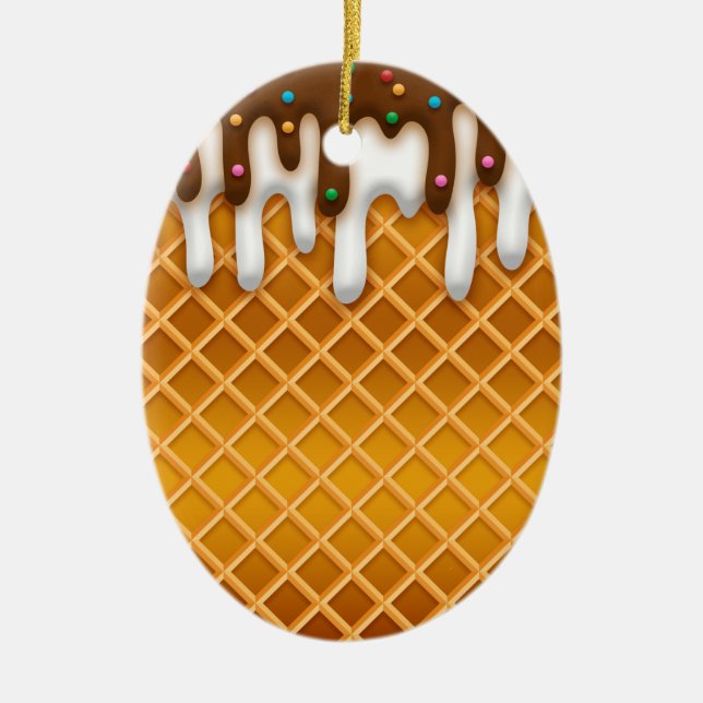 Ice Cream Drip Waffle Cone Chocolate And Vanilla  Ceramic Tree Decoration (Front)
