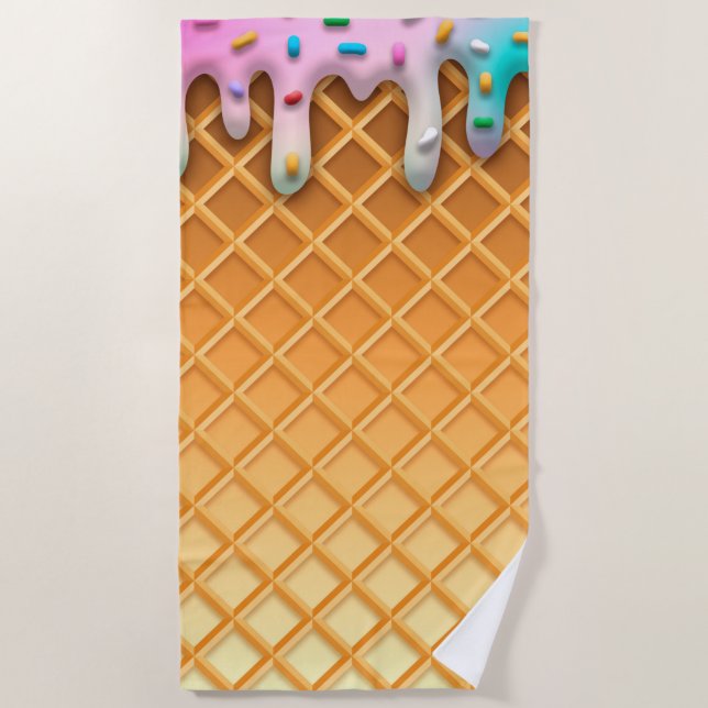 Ice Cream Drip Waffle Cone Pink With Sprinkles Beach Towel (Front)