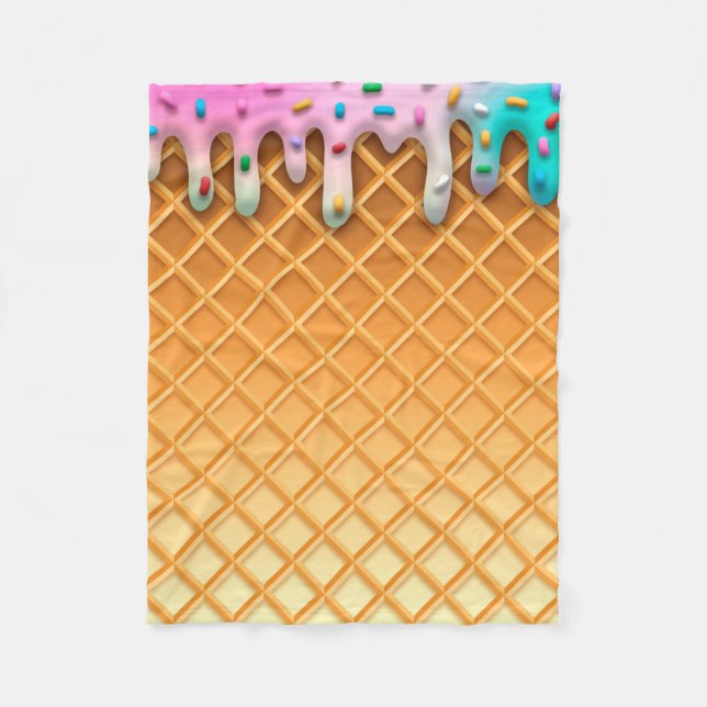 Ice Cream Drip Waffle Cone Pink With Sprinkles Fleece Blanket (Front)