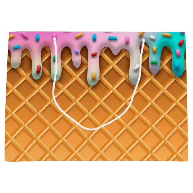 Ice Cream Drip Waffle Cone Pink With Sprinkles Large Gift Bag (Front)