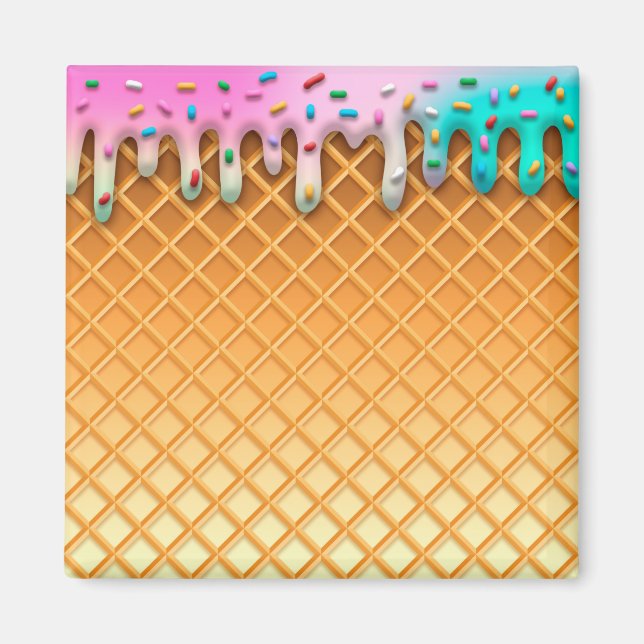 Ice Cream Drip Waffle Cone Pink With Sprinkles Magnet (Front)