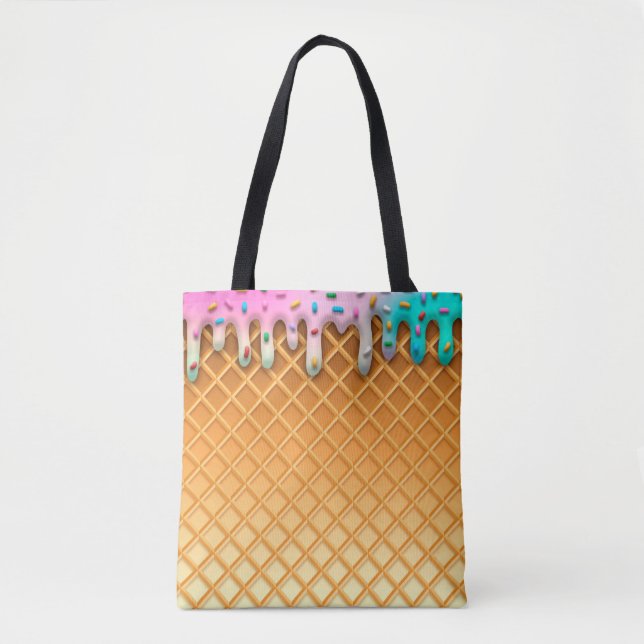 Ice Cream Drip Waffle Cone Pink With Sprinkles Tote Bag (Front)