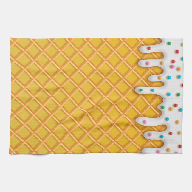 Ice Cream Drip Waffle Cone With Sprinkles Tea Towel (Horizontal)