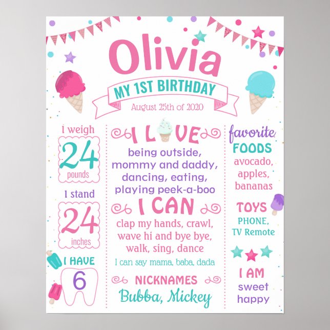 Ice cream First Birthday milestone sign (Front)