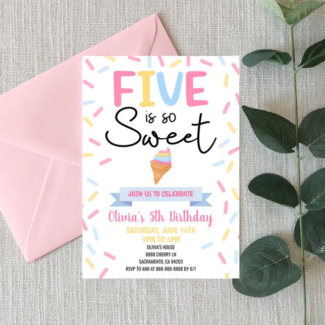 Ice Cream Five Is So Sweet 5th Birthday Party Invitation (Creator Uploaded)