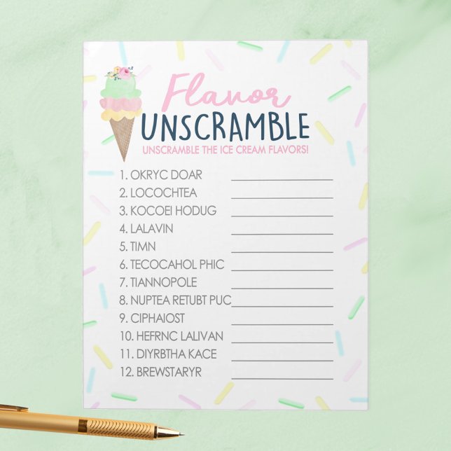Ice Cream Flavour Unscramble Party Game Pack Notepad (Flavor Unscramble Watercolor Ice Cream Game Pack of 40 Answer Sheets - Perfect for Bridal or Baby)
