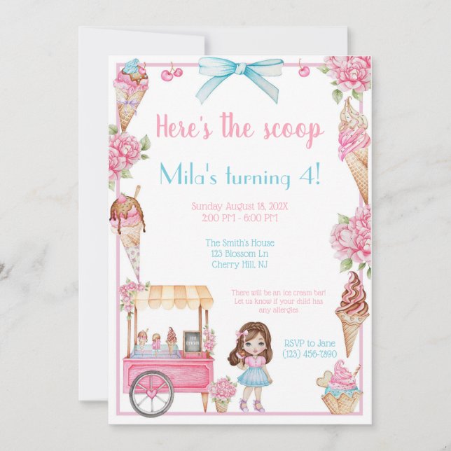 Ice Cream & Floral Birthday Invitation (Front)
