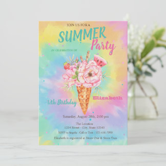 Ice cream Flowers Fruits Summer Tye Dye Birthday  Invitation