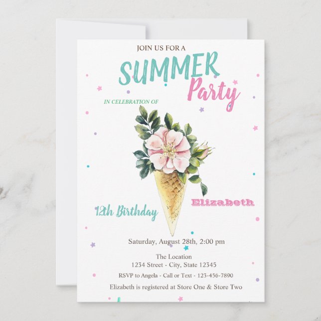 Ice cream Flowers Summer Birthday  Invitation (Front)