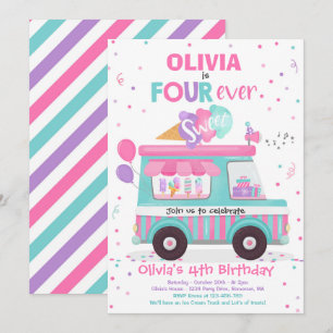 Ice Cream Four Ever Sweet Birthday Ice Cream Truck Invitation