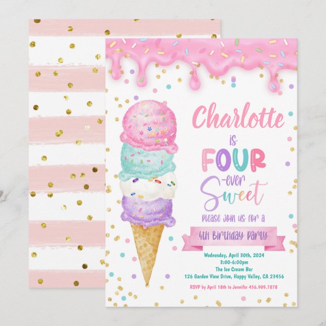 Ice Cream Fourever Sweet 4th Birthday Party Pink Invitation (Front/Back)