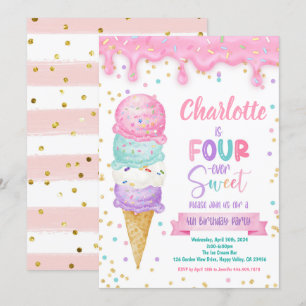 Ice Cream Fourever Sweet 4th Birthday Party Pink Invitation
