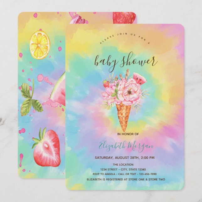  Ice Cream,Fruit Colourful Tie Dye Baby Shower   Invitation (Front/Back)