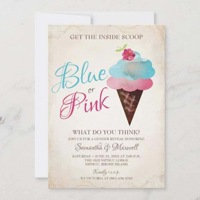 Ice Cream Gender Reveal Invitation BLUE OR PINK (Front)