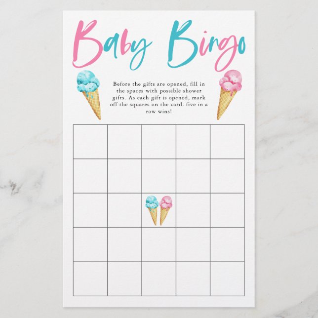 Ice Cream Gender Reveal Party Baby Bingo Game (Front)