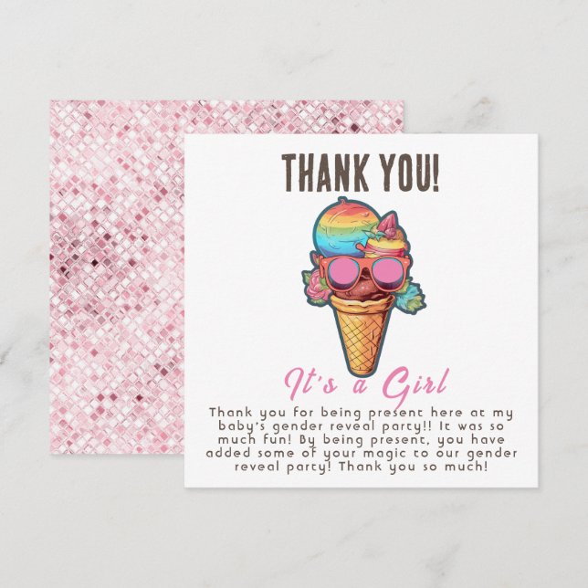 Ice Cream Gender Reveal Party Its a Girl Thank You Card (Front/Back)