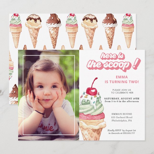 Ice Cream Girl Birthday Photo Invitation (Front/Back)