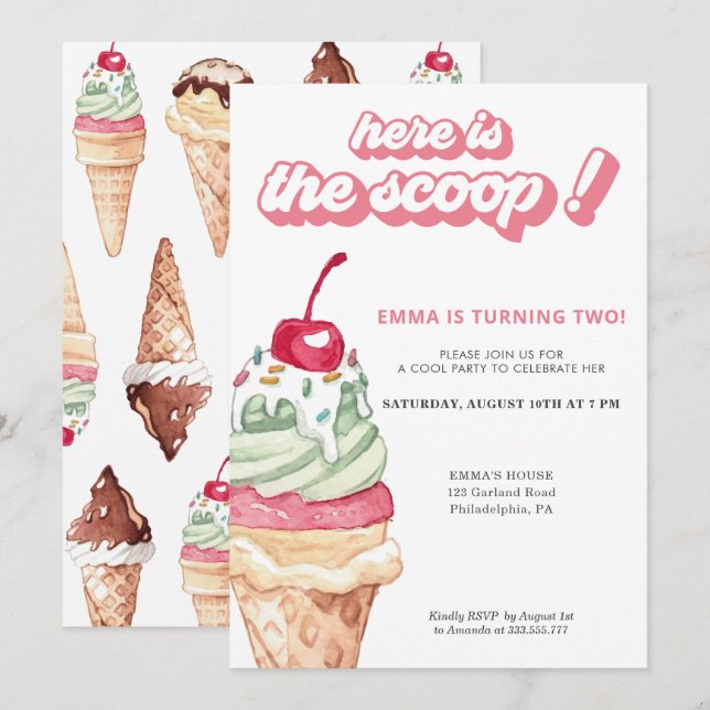 Ice Cream Girl Birthday Scoop Invitation (Front/Back)
