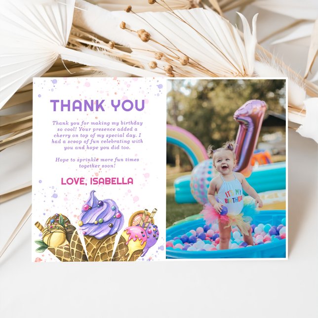 Ice Cream Girls Birthday Party Photo Thank You Card (Creator Uploaded)