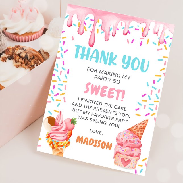 Ice Cream Girls Birthday Party Thank You Card (Creator Uploaded)