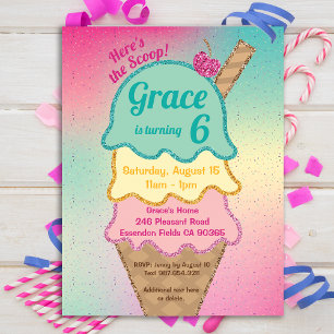 Ice Cream Glitter Sprinkles Birthday Invitation Postcard