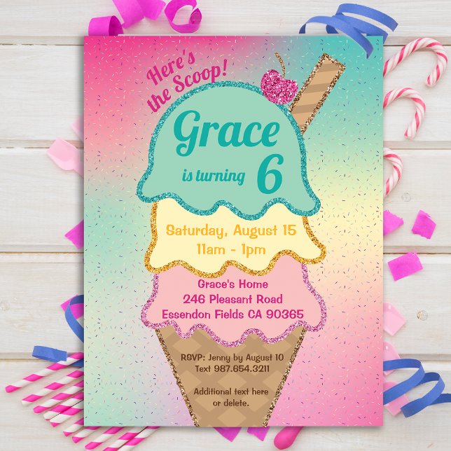 Ice Cream Glitter Sprinkles Birthday Invitation Postcard (Icecream glitter party!)