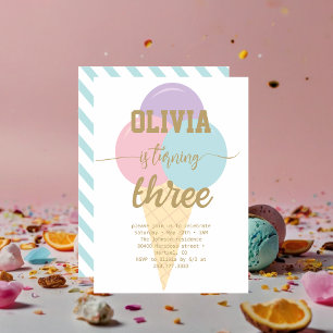 Ice Cream Gold Foil Calligraphy Birthday Party Invitation