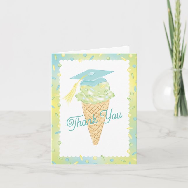 Ice Cream Graduation Party Blue Green Thank You Card (Front)
