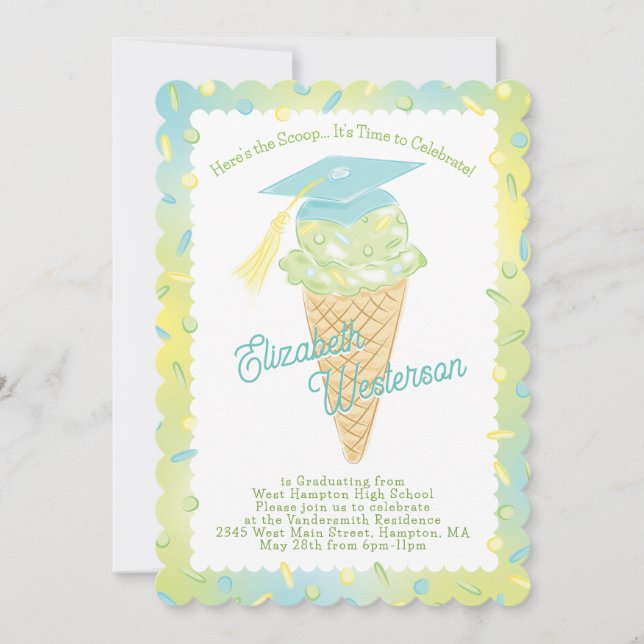 Ice Cream Graduation Party Green Blue Invitation (Front)
