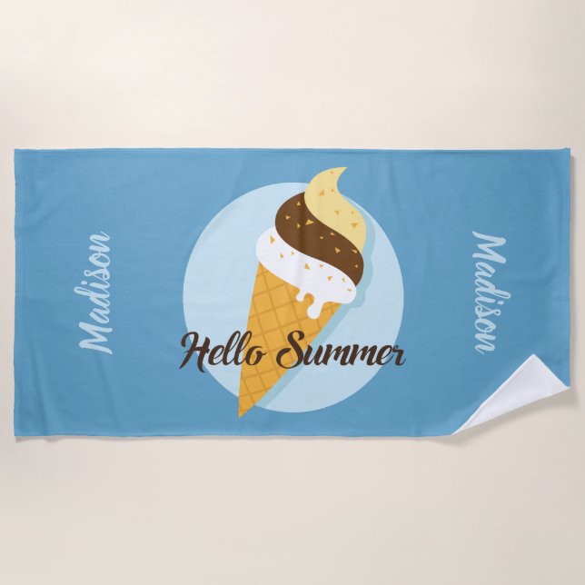 Ice Cream Hello custom name & colour beach towel (Front)