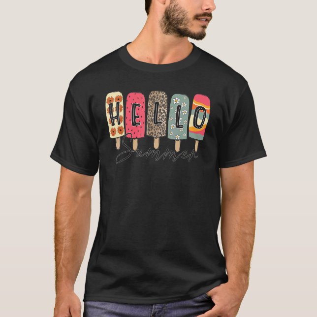 Ice Cream   Hello Summer Popsicle Ice Beach Colour T-Shirt (Front)