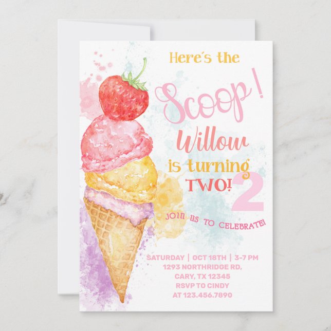 Ice cream here's the scoop 2nd birthday invitation (Front)