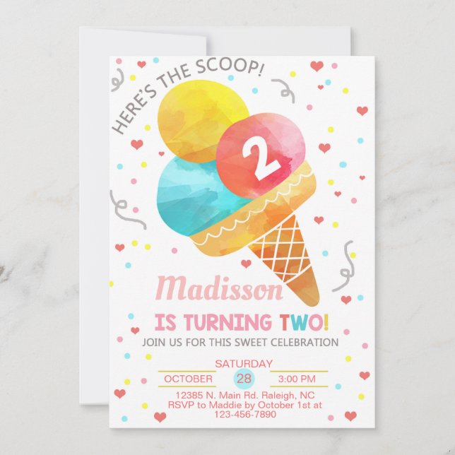 Ice cream here's the scoop girl 2nd birthday. invitation (Front)