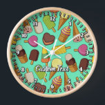 Ice Cream Icons Large Clock<br><div class="desc">Ice cream icons. Seamless pattern. Custom background colour. Custom text.</div>