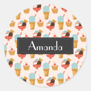 Ice Cream Illustration Pattern with Name Classic Round Sticker