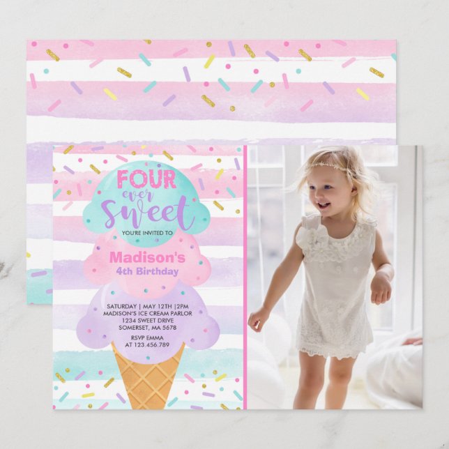 Ice Cream Invitation Four Ever Sweet 4th Birthday (Front/Back)