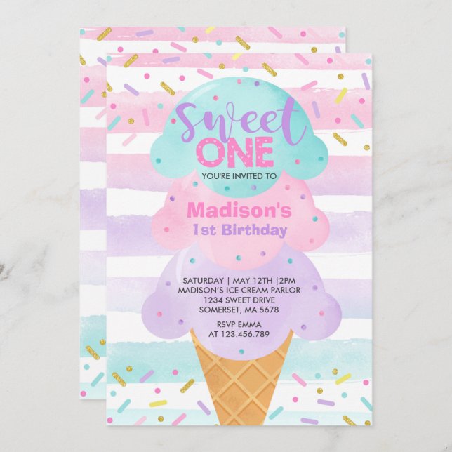 Ice Cream Invitation Sweet One 1st Birthday (Front/Back)