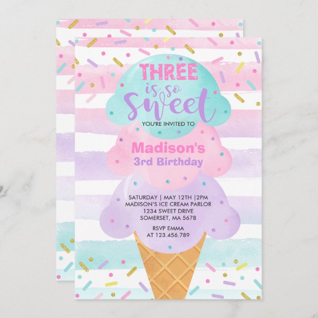 Ice Cream Invitation Three Is Sweet 3rd Birthday (Front/Back)