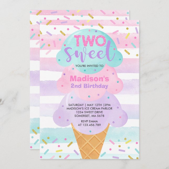 Ice Cream Invitation Two Sweet 2nd Birthday (Front/Back)