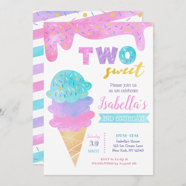 Ice Cream Invitation Two Sweet 2nd Birthday Invite (Front/Back)