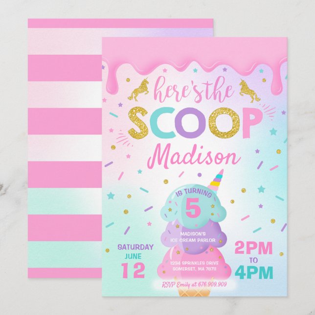Ice Cream Invitation Unicorn Ice Cream Party (Front/Back)