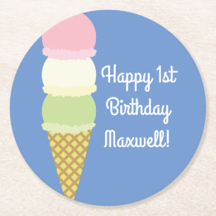 Ice Cream Kid's Birthday Party Round Paper Coaster