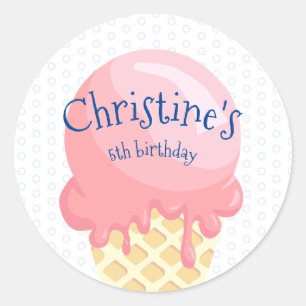 Ice Cream kids birthday pink blue name  Classic Round Sticker