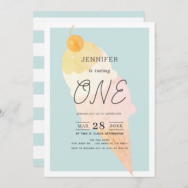 Ice Cream Light Blue 1st Birthday Invitation (Front/Back)