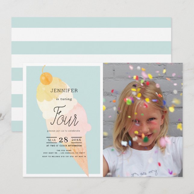 Ice Cream Light Blue Birthday Invitation (Front/Back)