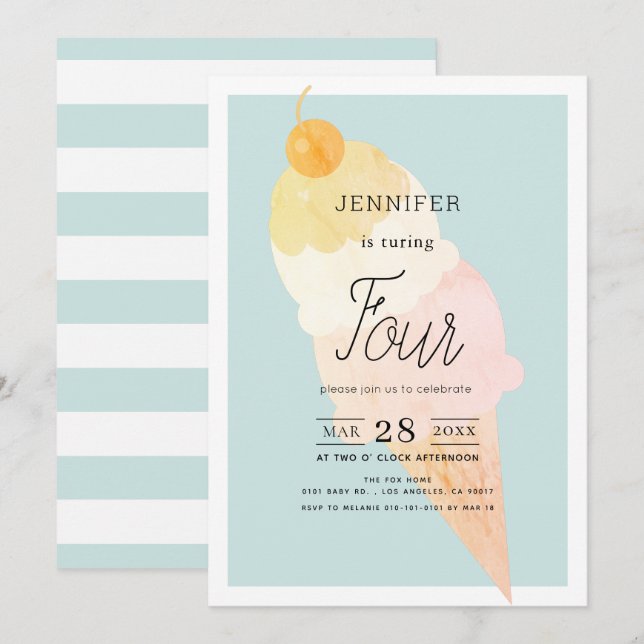 Ice Cream Light Blue Birthday Invitation (Front/Back)