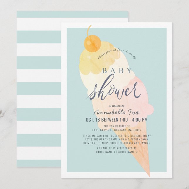 Ice Cream Light Blue Boy Drive-by Baby Shower Invitation (Front/Back)